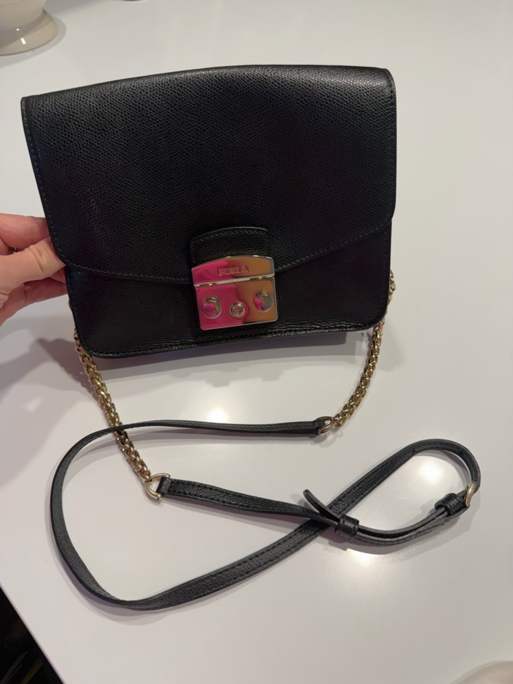 Furla Black Leather Crossbody with Gold-Tone Lock